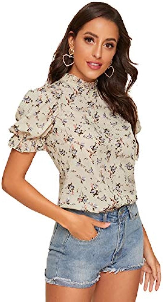 Romwe Women&#039;s Floral Print Ruffle Puff Short Sleeve Casual Blouse Tops